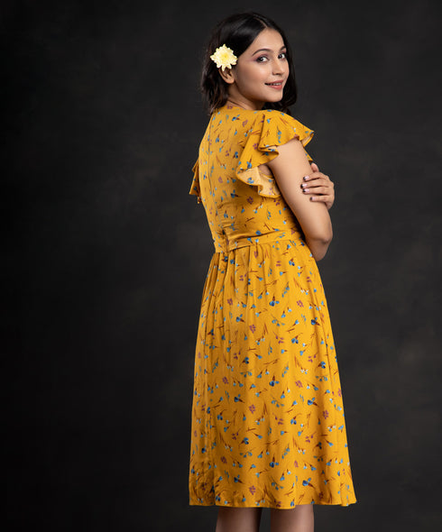 Mustard Printed Floral Sleeve Frilled Dress