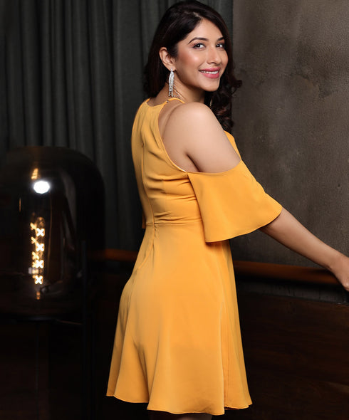 Party Cocktail Cold Shoulder Mustard Dress