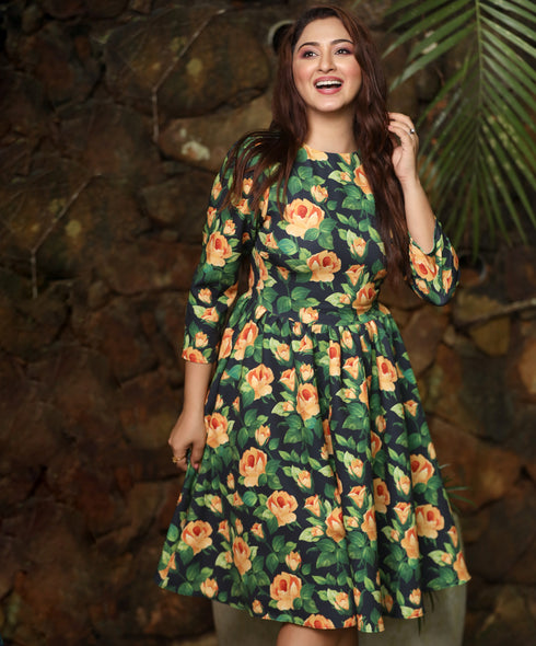 Orange Rose Gathered Skirt Dress