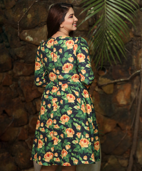 Orange Rose Gathered Skirt Dress