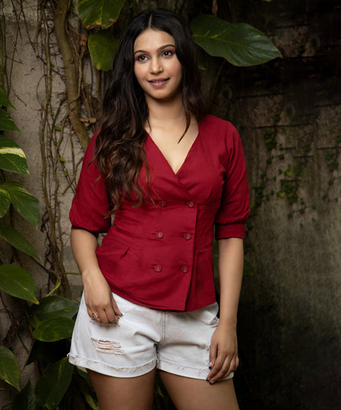 Maroon Front Double Buttoned Linen Top