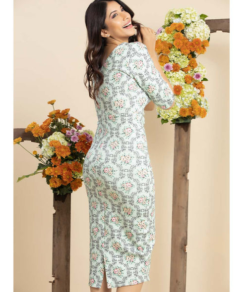 Half Sleeve Bodycon Printed Scuba Dress