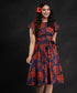 Blue Red Floral Sleeve Frilled Dress