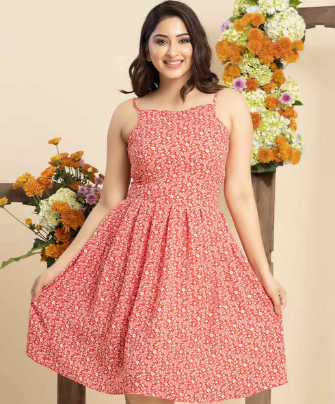 Red Halter Neck Strappy Printed Dress