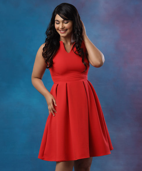 Front Open Pleated Red Dress