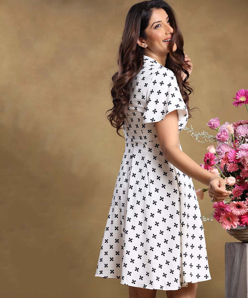 Sleeve Flared High Neck Chiffon Dress