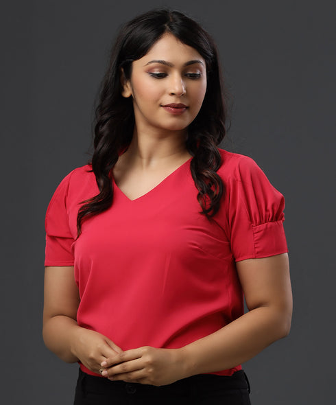 Vneck Puffed Sleeve Band Pink Top