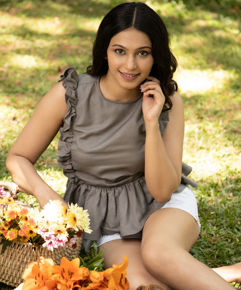 Grey Frilled Sleeve Peplum Linen Top