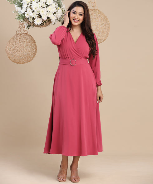 Surplice Neck Lantern Sleeve Belted Dress