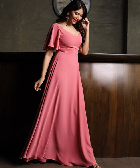 Pink Sleeve Flared Chiffon Princess Maxi