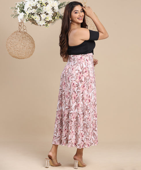 Pleated Floral Printed Pink Skirt