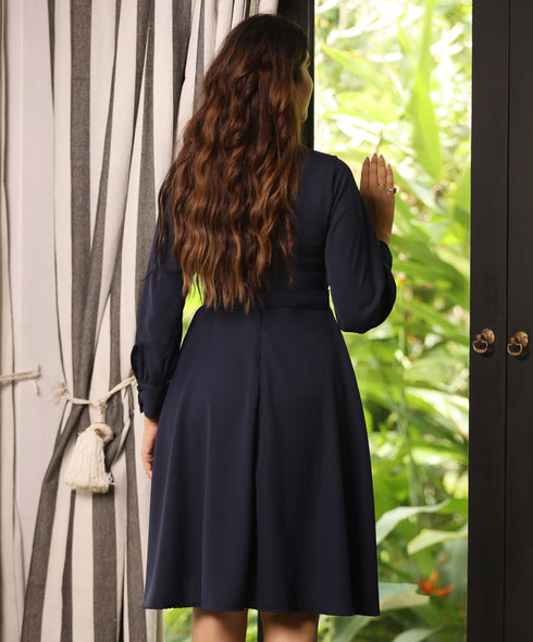 Long Sleeve Gathered Navy Dress