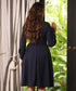Long Sleeve Gathered Navy Dress