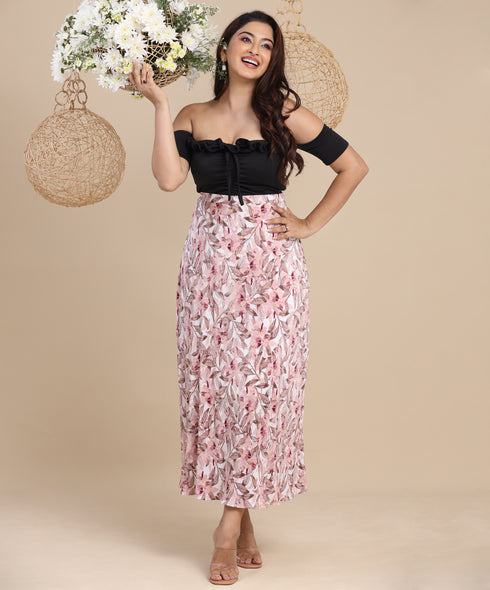 Pleated Floral Printed Pink Skirt