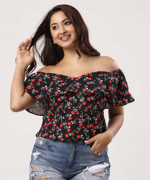Off-Shoulder Frilled Printed Casual Top