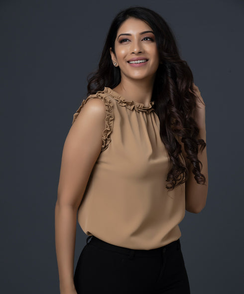 Sleeveless Frilled Pastel Brown Top