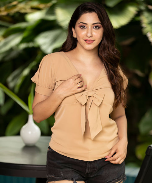 Front Bow Vneck Puffed Sleeve Beige Top