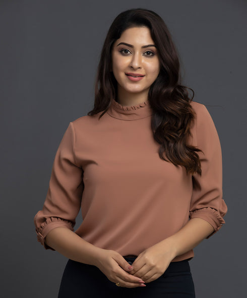 Cuff Neck Frilled Malbec Chiffon Top Brown