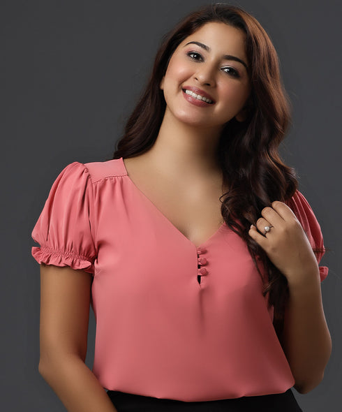 Pink Puffed Sleeve Vneck Formal Top