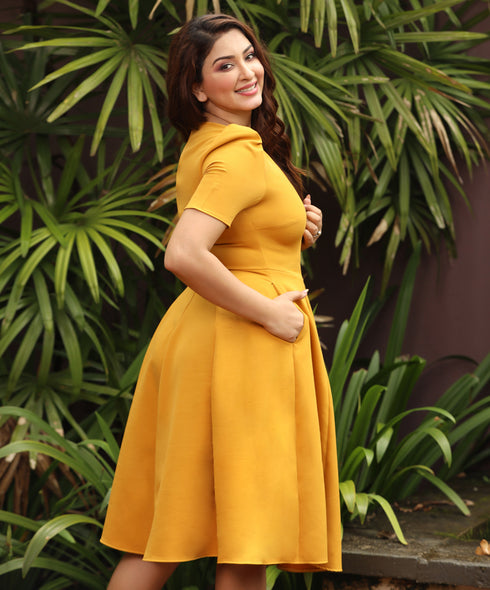 Vneck Side Pockets Elegant Mustard Dress