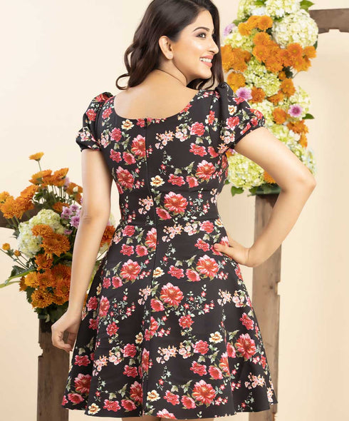 Puffed Short Sleeve Mini Printed Dress