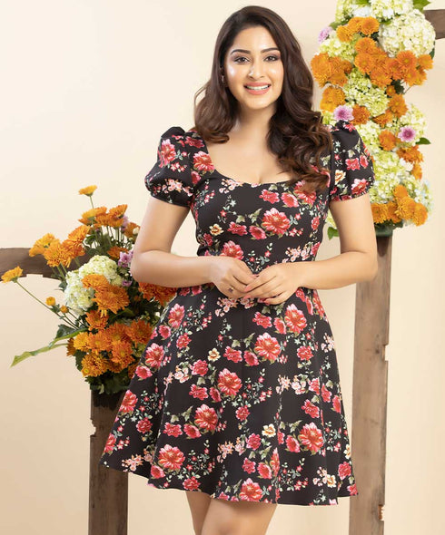 Puffed Short Sleeve Mini Printed Dress
