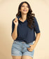 Daily Solid Button Front Crop Tee-Navy