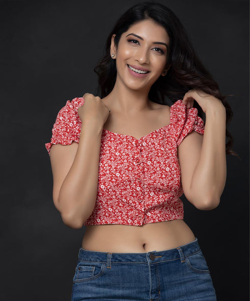 Puffed Sleeve Front Buttoned Crop Top