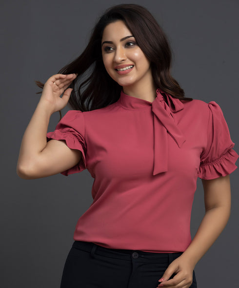 Tie neck Ruffle Cuff Solid Top-Pink