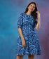 Puffed Sleeve Printed Floral Blue Dress