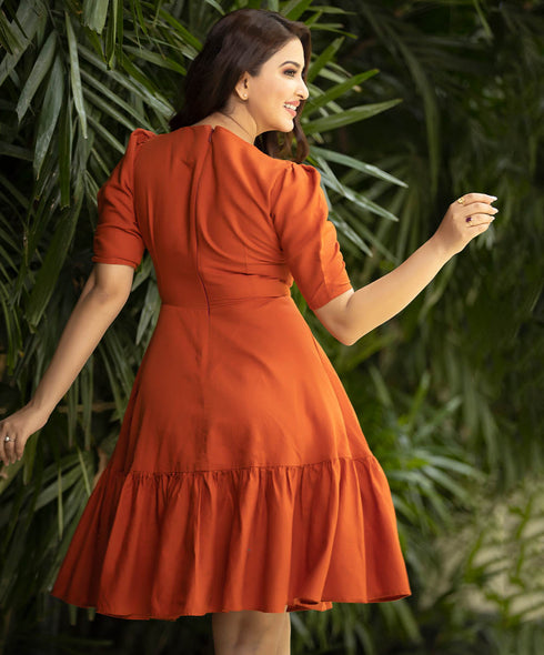 Orange Front And Neck Buttoned Dress