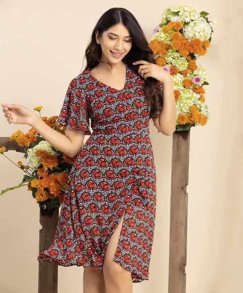 Million Button Flared V-Neck Printed Dress