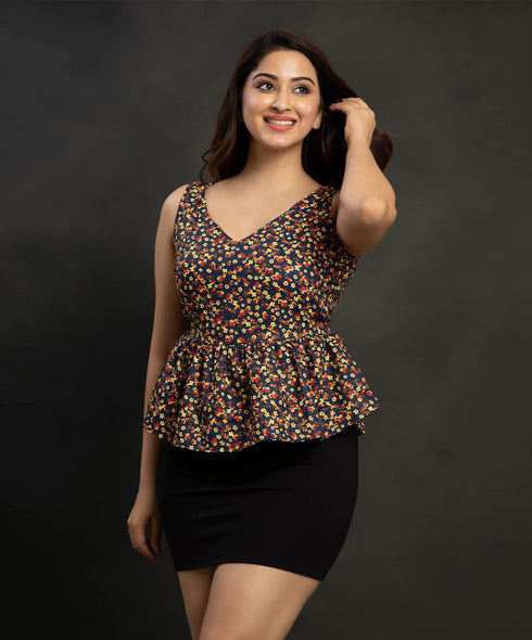 Vneck Fire Ditsy Printed Peplum Top