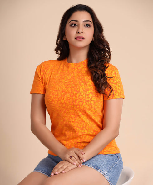 Yellow Print Basic Crew Neck Tshirt