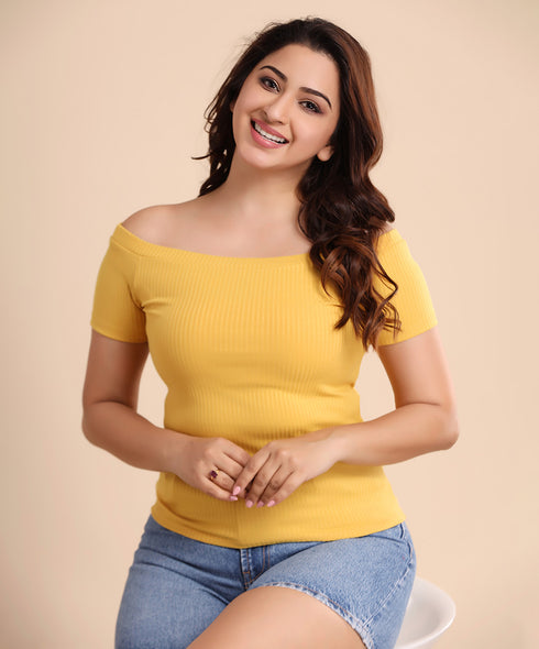 Mustard Off Shoulder Rib Tshirt