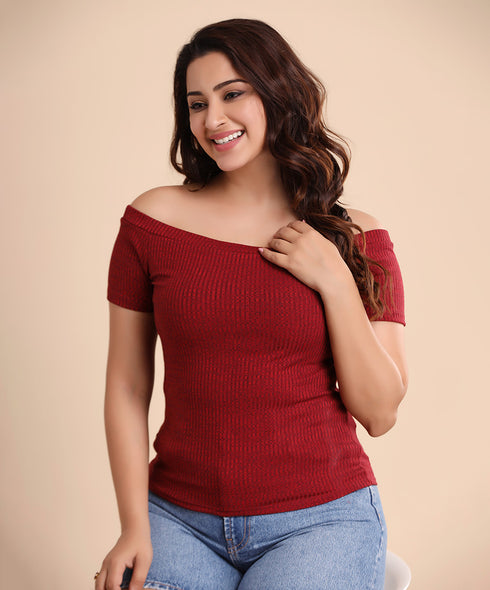 Maroon Off Shoulder Rib Tshirt