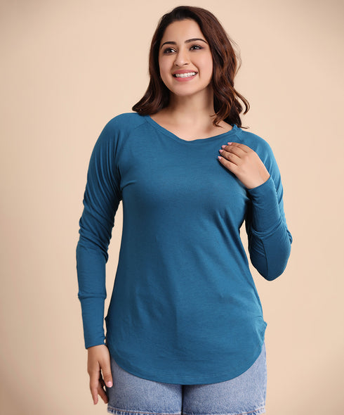 Teal Blue Long Sleeve Curved Hem Tshirt