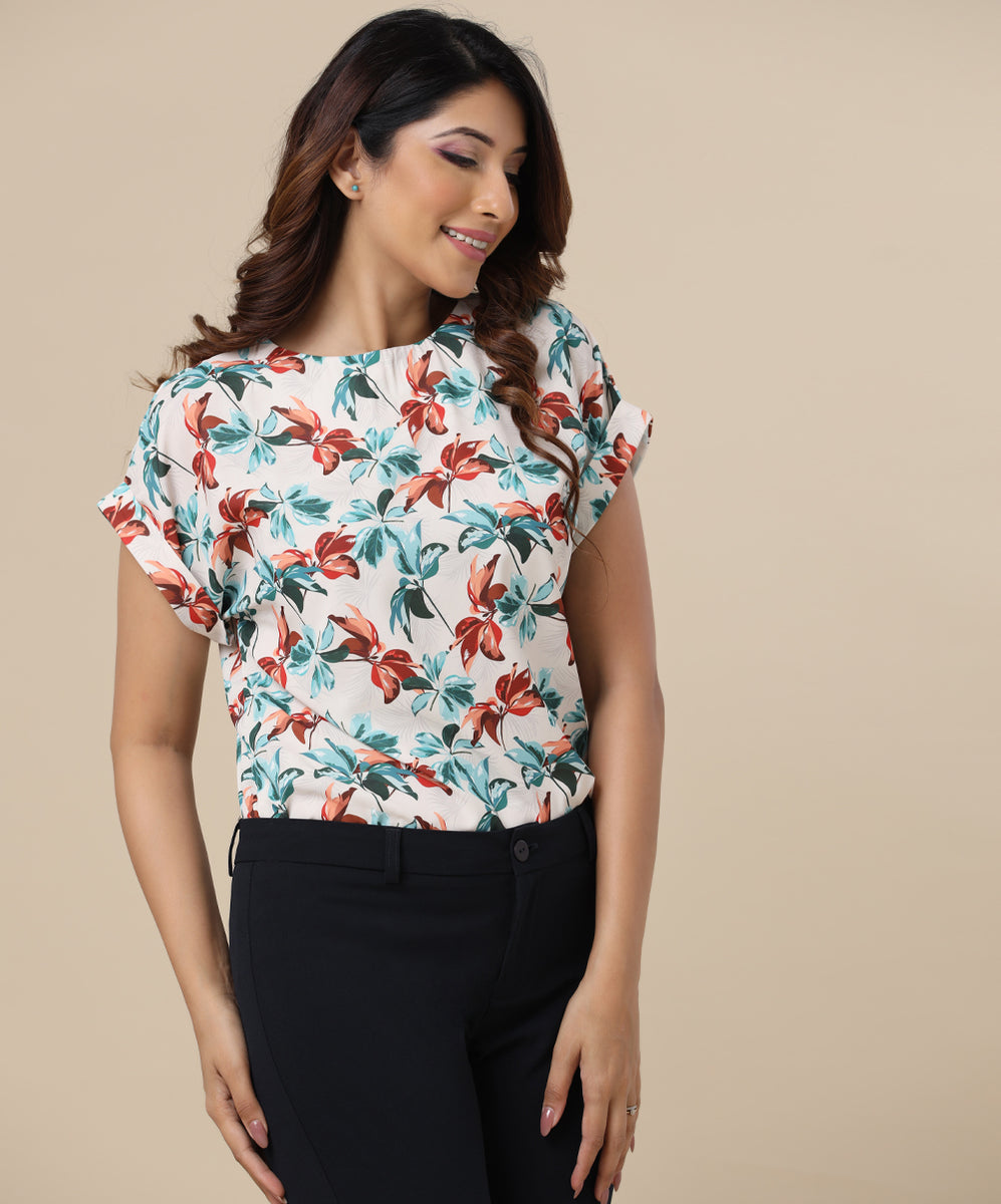 Rolled Cuff All Over Print Top – Zigzag