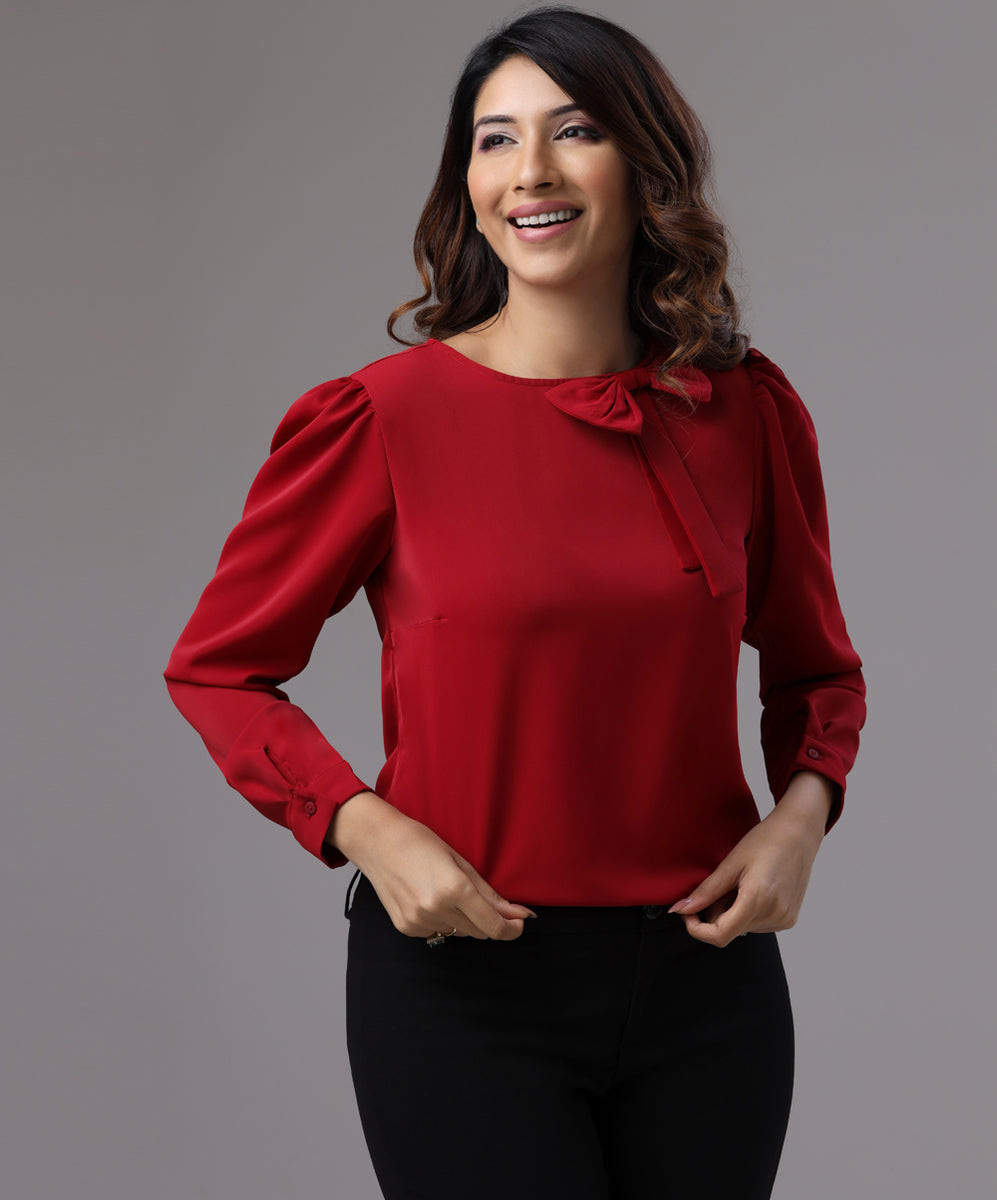 Front Bow Neck Detailed Red Top – Zigzag