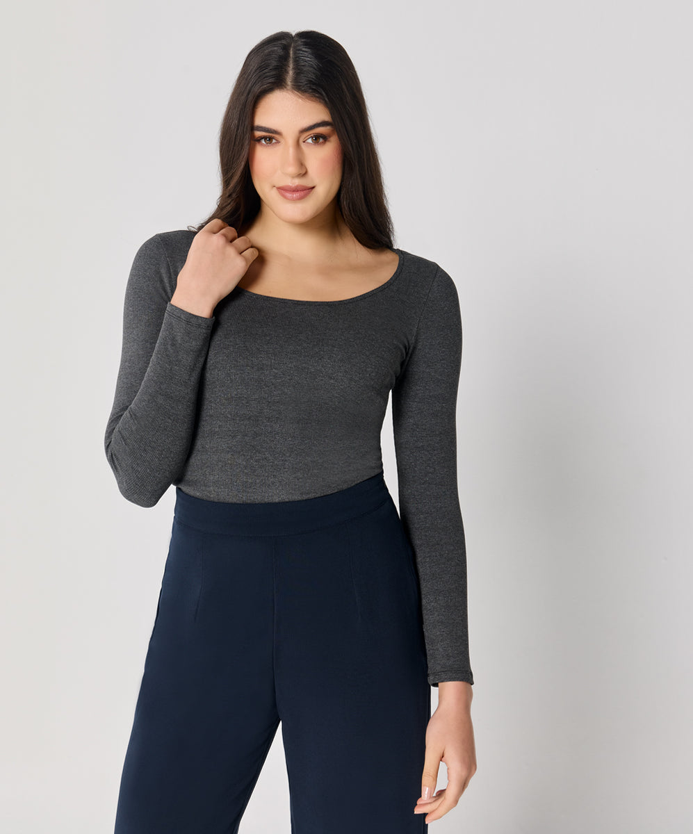 Long Sleeve Dark Grey Rib Top – Zigzag
