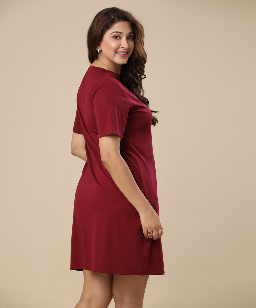 Casual Short Sleeve Maroon Tee Dress – Zigzag