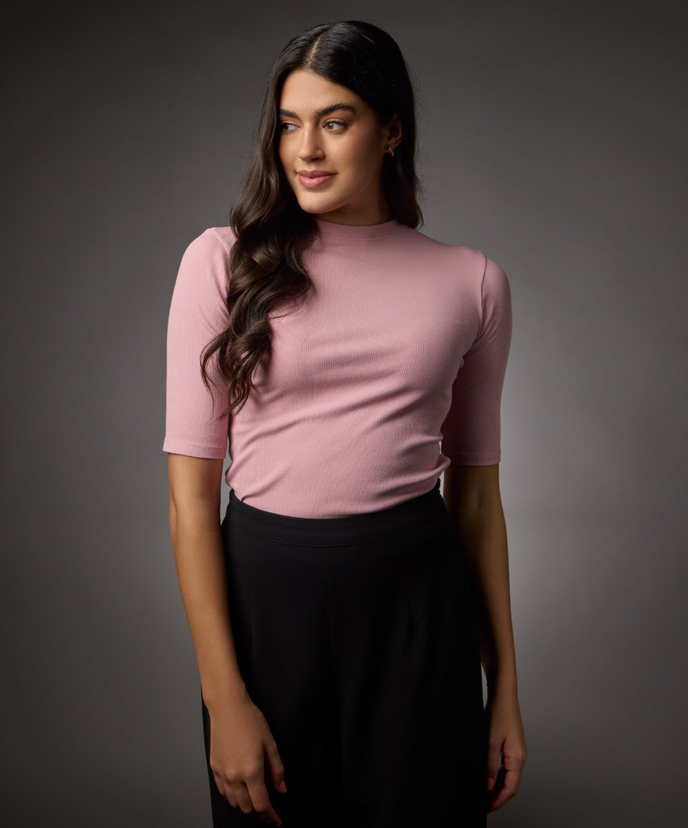 Pink Ribbed Ruched Short Sleeve Top
