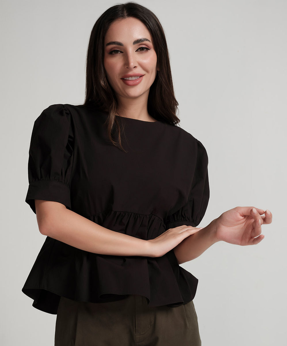 Camelot Back Zip Peplam Top With Front Frill Black