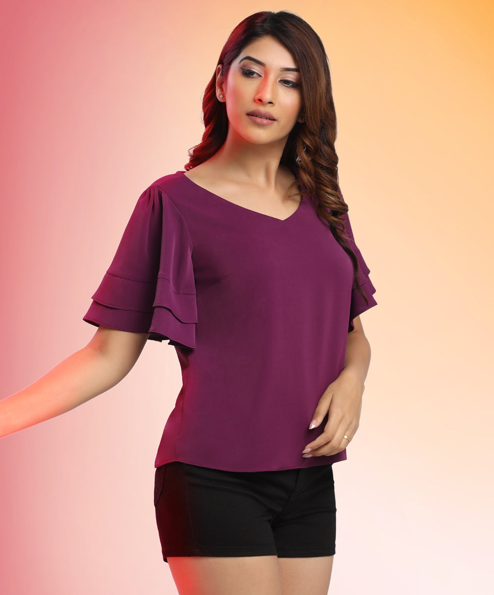 Vneck Sleeve Layered Purple Chiffon Top Zigzag