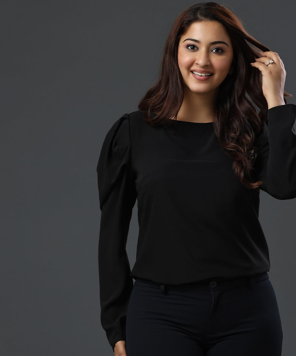 Long Sleeve Detailed Black Chiffon Top Zigzag