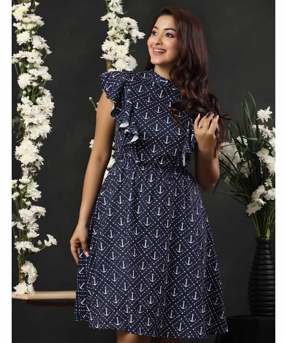 Casual Normal Zigzag Frock Design Round Neck Frilled Printed Dress